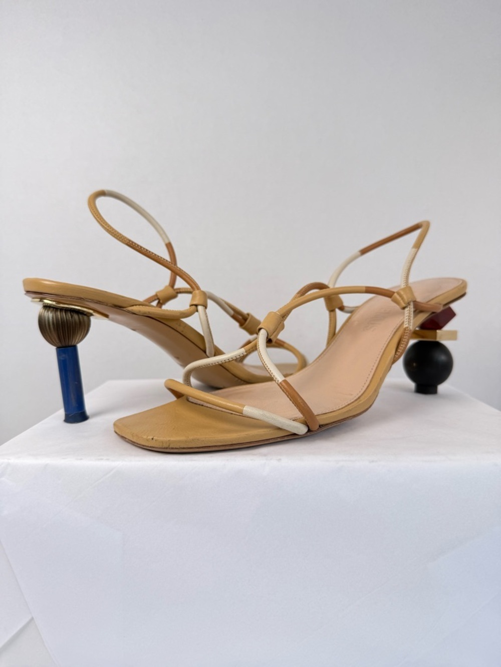 Jacquemus Tan and Cream Sculptural Heel Strappy Sandals